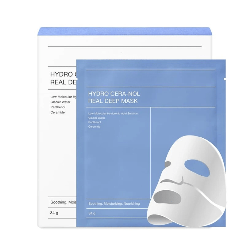 Masque visage bleu en hydrogel Hydro Cera-Nol, soin réparateur et hydratant intensif.