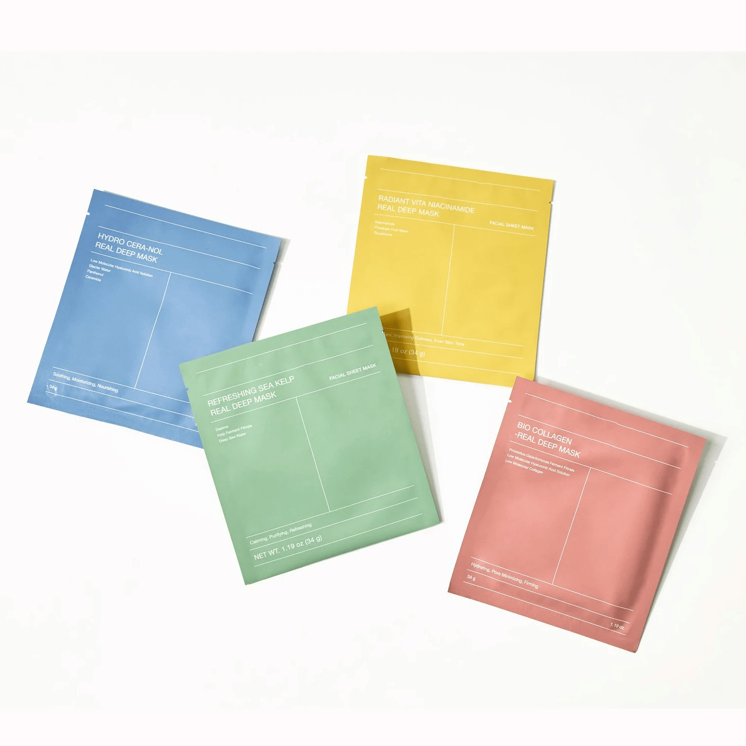 Pack de 4 masques visage en hydrogel, soins hydratants et illuminateurs pour tous types de peau.